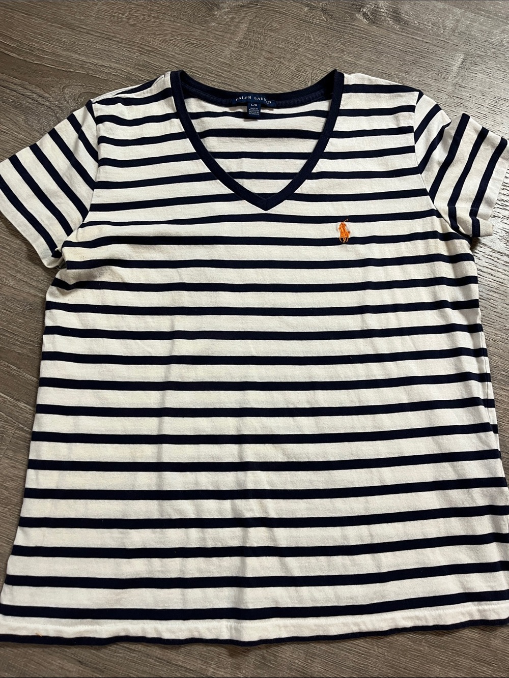 Ralph Lauren Navy & White Striped V-Neck Tee with Orange Polo Pony